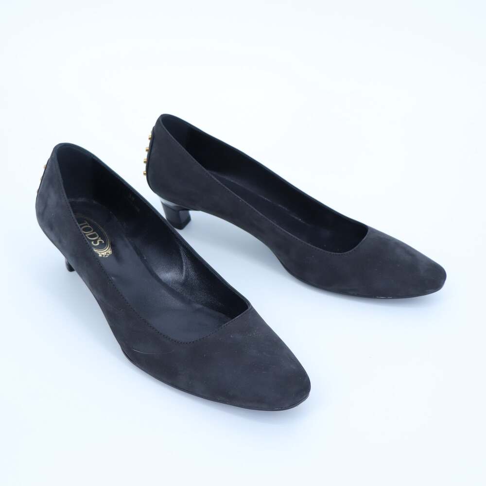 TOD'S Studded Suede Pumps Black and Gold Kitten Heel Women's 38/US 8